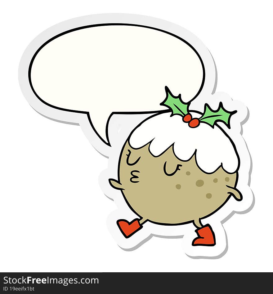 cartoon christmas pudding walking and speech bubble sticker