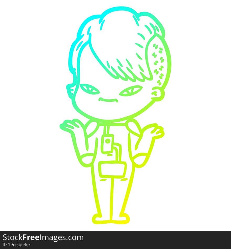 cold gradient line drawing of a cute cartoon girl with hipster haircut