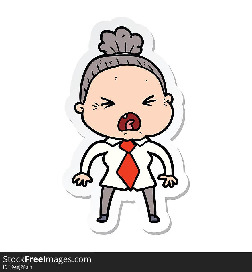 sticker of a cartoon angry old woman