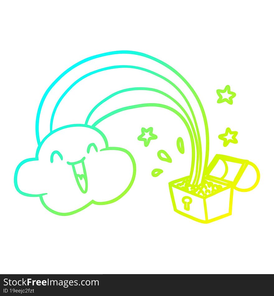 cold gradient line drawing of a cartoon rainbow and pot of gold