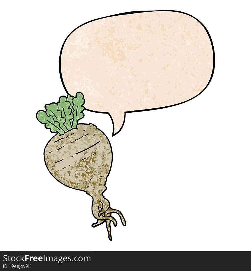 cartoon root vegetable with speech bubble in retro texture style