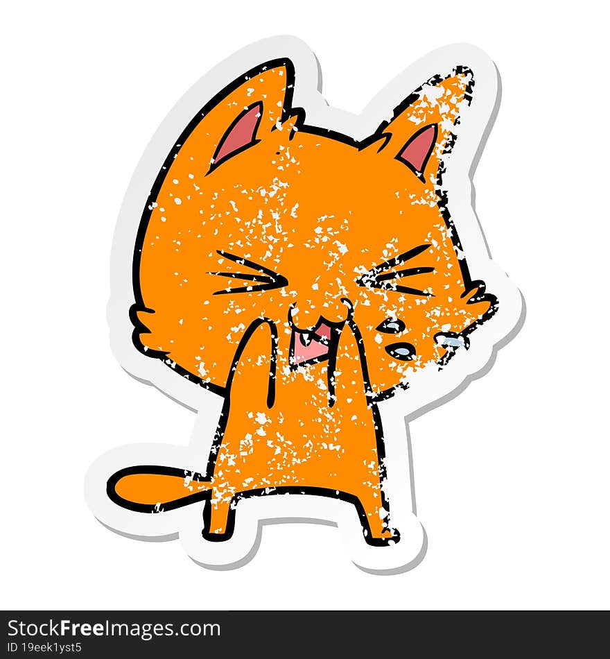 distressed sticker of a cartoon cat hissing