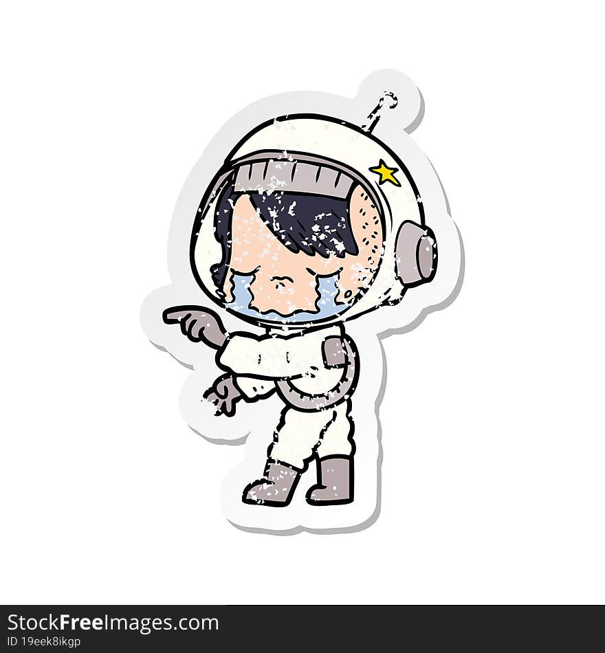 distressed sticker of a cartoon crying astronaut girl