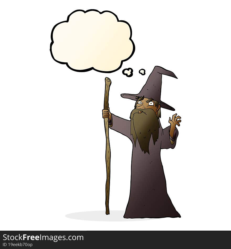 cartoon spooky wizard with thought bubble