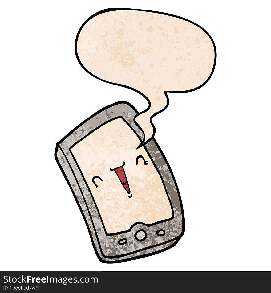 Cute Cartoon Mobile Phone And Speech Bubble In Retro Texture Style