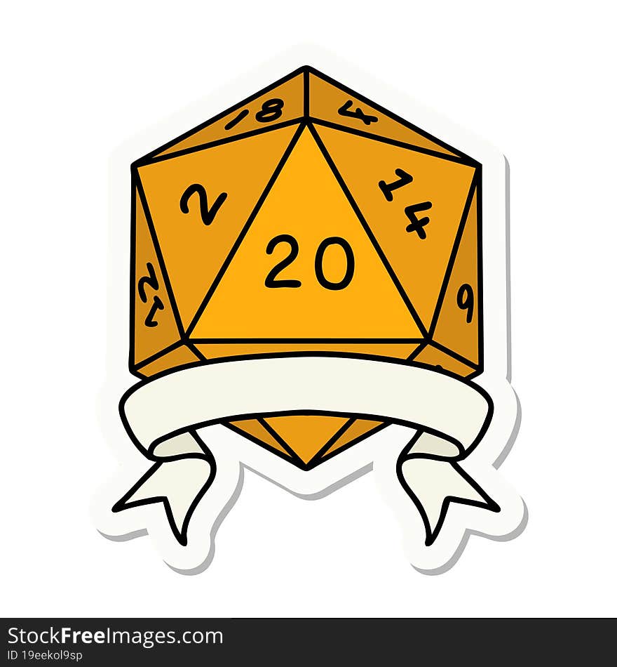 sticker of a natural 20 critical hit D20 dice roll. sticker of a natural 20 critical hit D20 dice roll