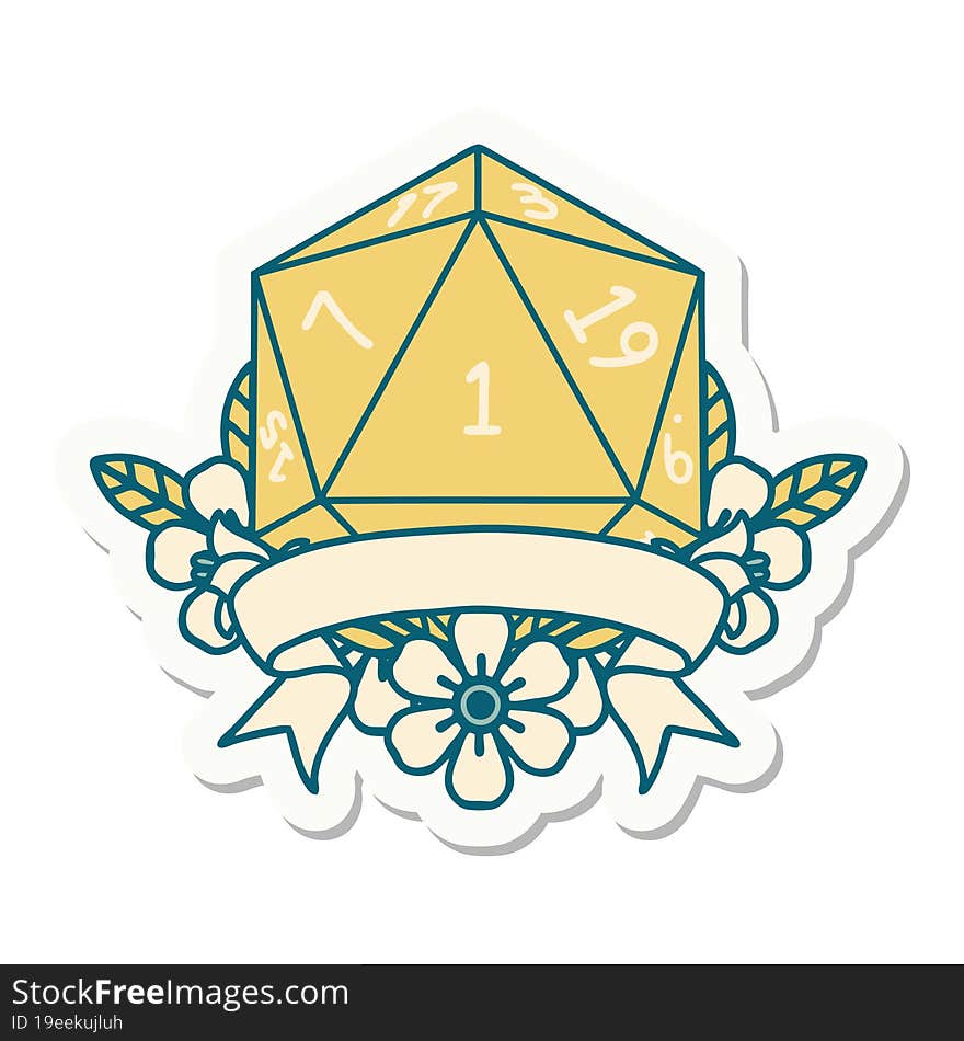 sticker of a natural one d20 dice roll. sticker of a natural one d20 dice roll