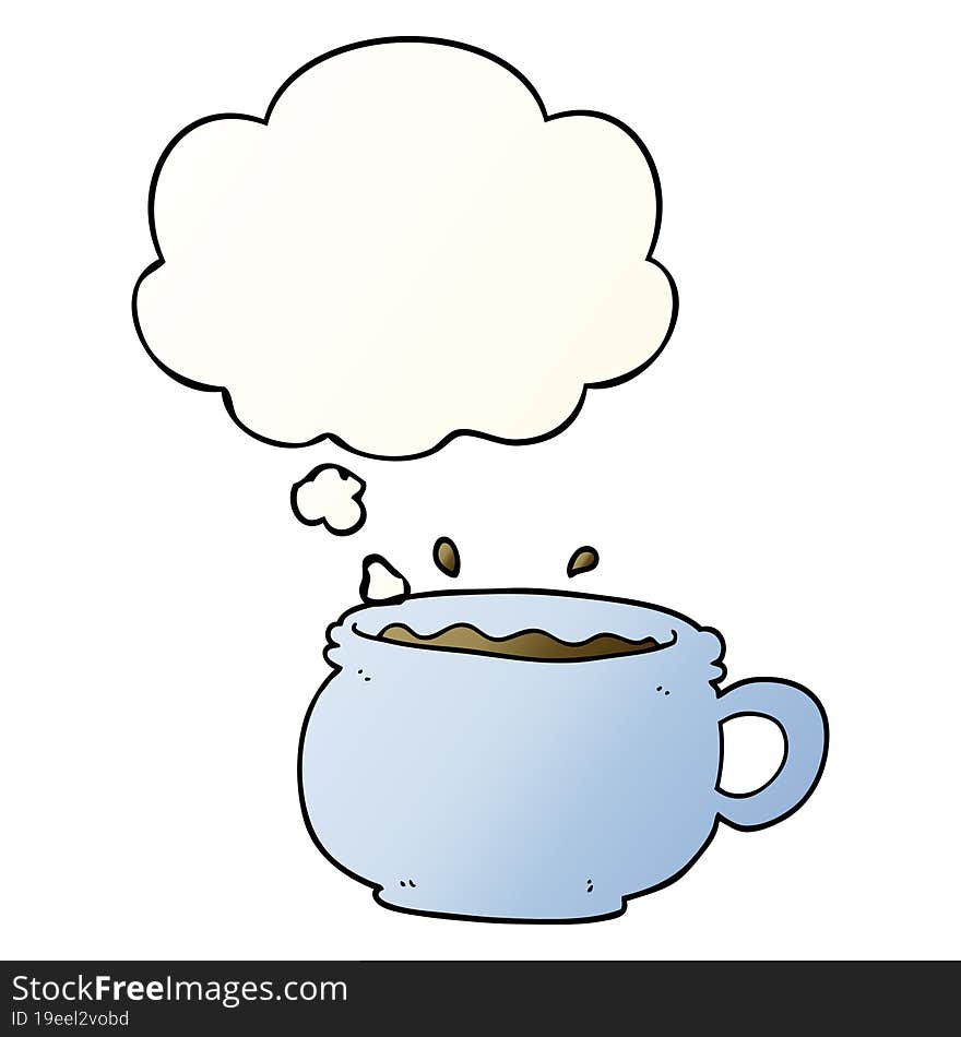 cartoon hot cup of coffee and thought bubble in smooth gradient style