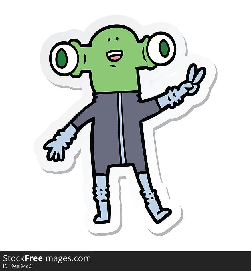 sticker of a friendly cartoon alien giving peace sign