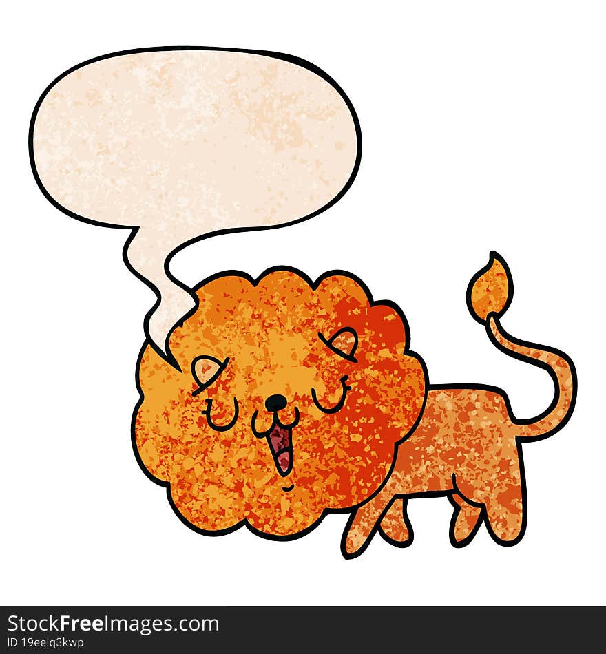 cute cartoon lion and speech bubble in retro texture style