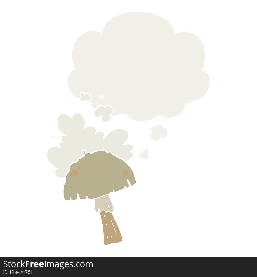 cartoon mushroom with spore cloud with thought bubble in retro style