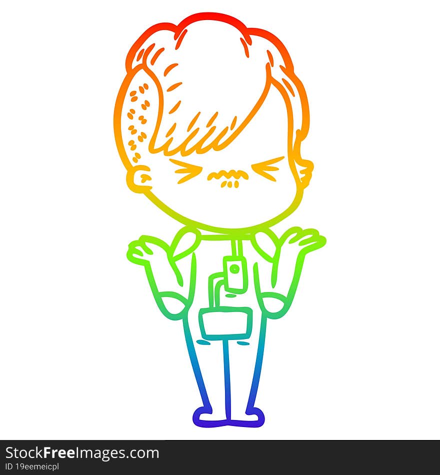 rainbow gradient line drawing cartoon annoyed hipster girl wearing space suit