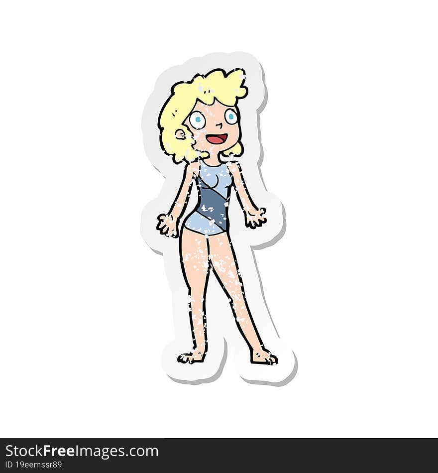 Retro Distressed Sticker Of A Cartoon Woman In Swimming Costume