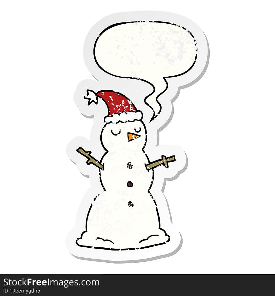 cartoon snowman and speech bubble distressed sticker