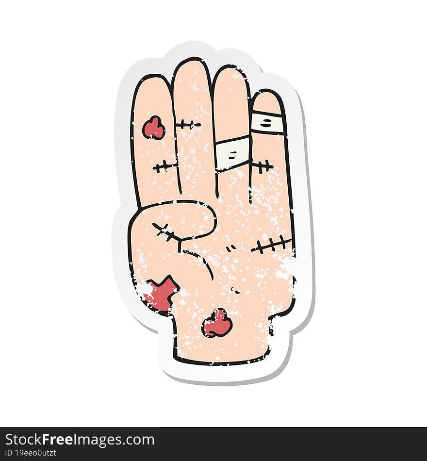 Retro Distressed Sticker Of A Cartoon Injured Hand