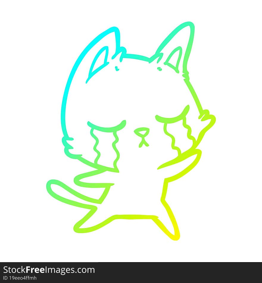 cold gradient line drawing of a crying cartoon cat