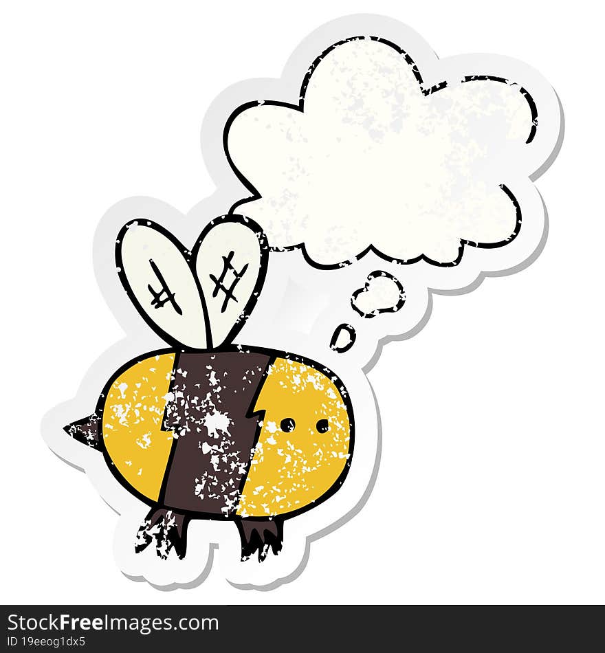 cartoon bee and thought bubble as a distressed worn sticker