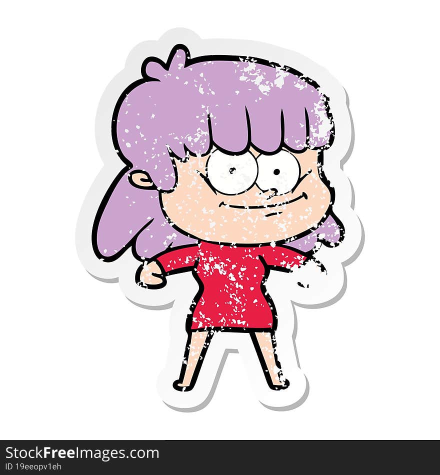 distressed sticker of a cartoon smiling woman