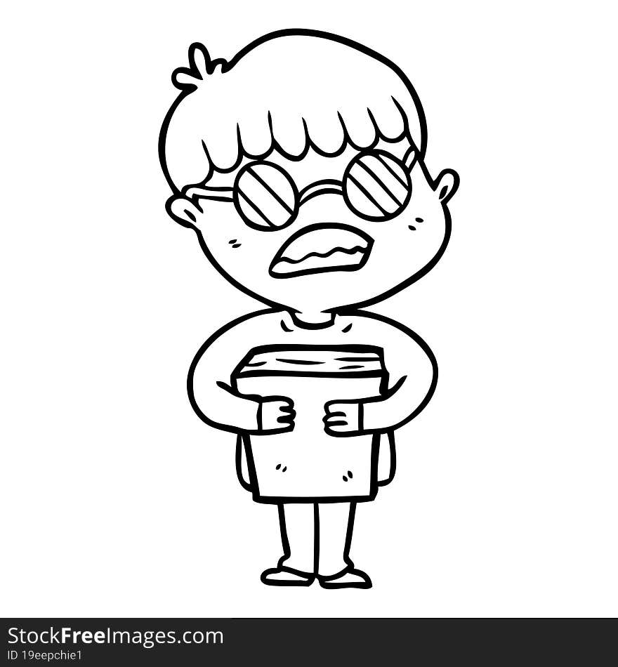 cartoon boy hugging book wearing spectacles. cartoon boy hugging book wearing spectacles