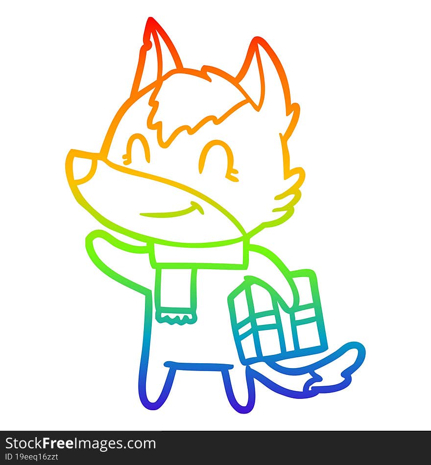 rainbow gradient line drawing of a friendly cartoon wolf with present