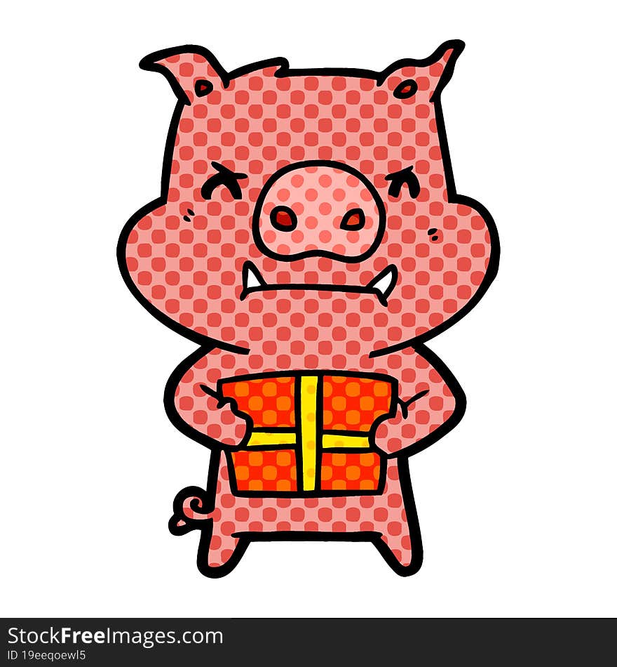 angry cartoon pig with christmas gift. angry cartoon pig with christmas gift