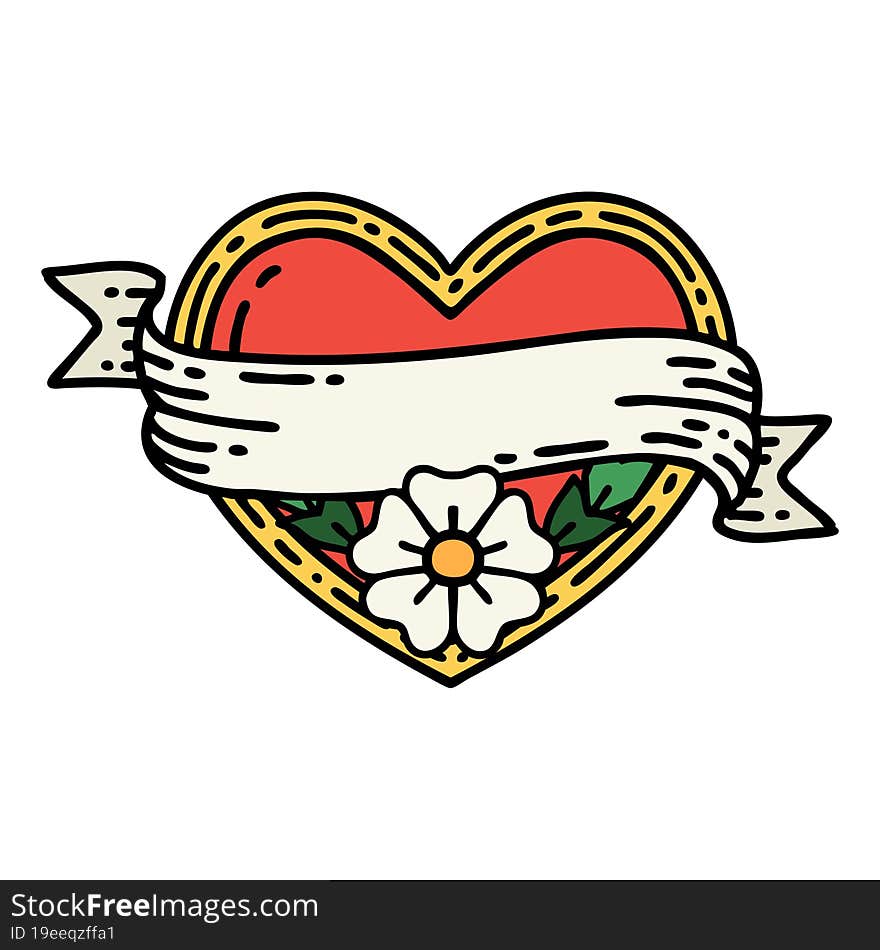 traditional tattoo of a heart and banner with flowers