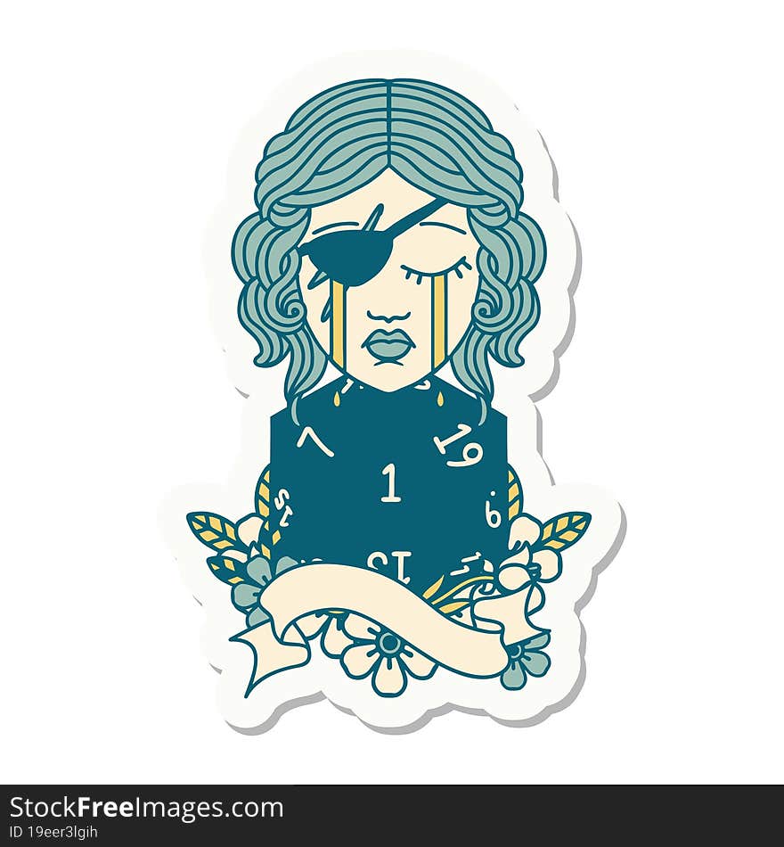 sticker of a crying human rogue with natural one D20 roll. sticker of a crying human rogue with natural one D20 roll