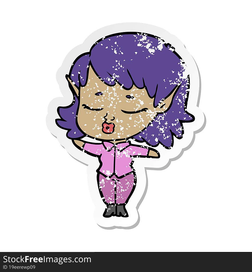 distressed sticker of a pretty cartoon elf girl