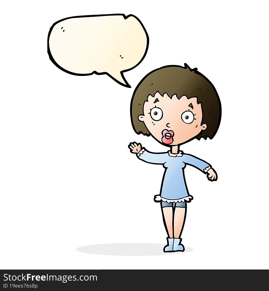 cartoon waving woman with speech bubble