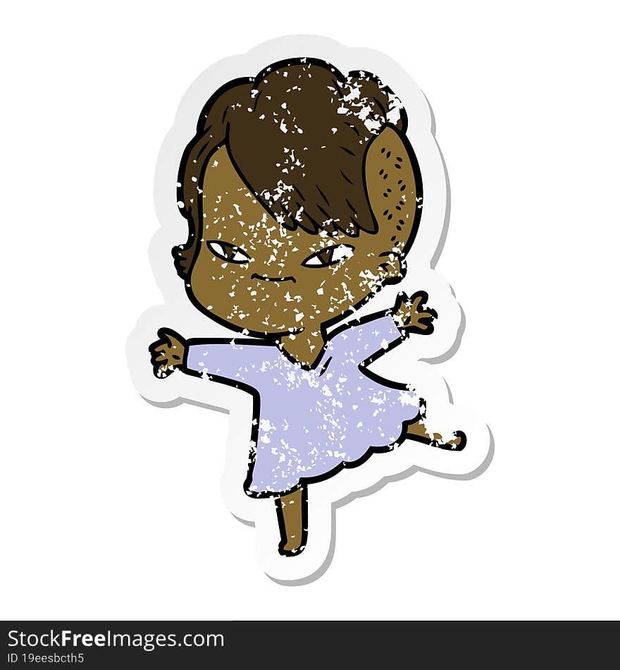 Distressed Sticker Of A Cute Cartoon Girl With Hipster Haircut