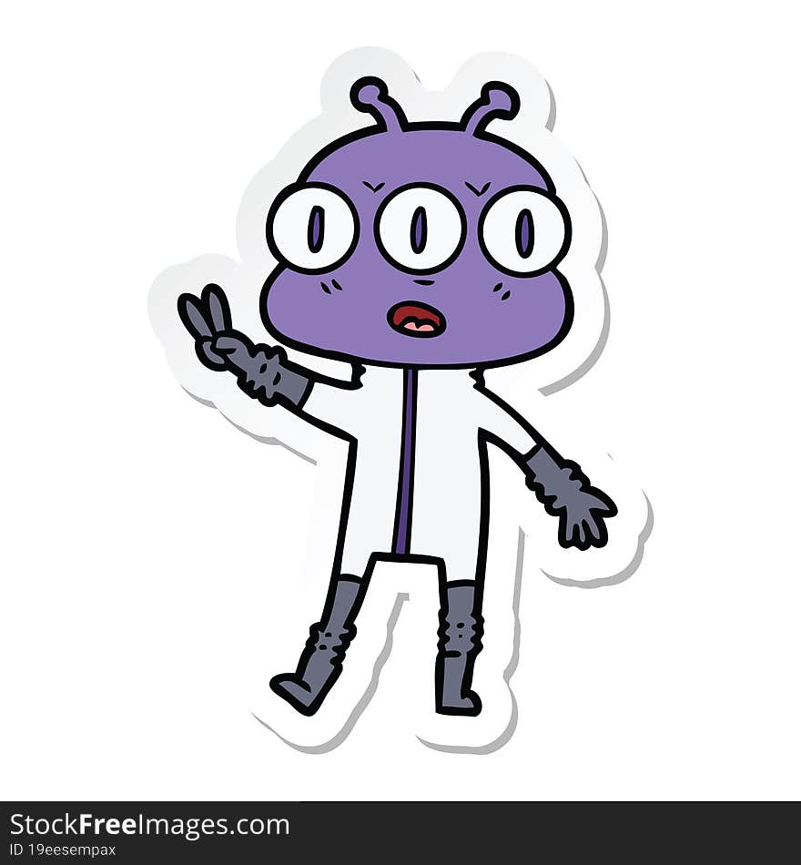 sticker of a cartoon three eyed alien waving