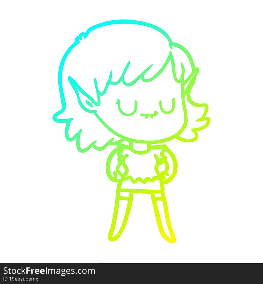 Cold Gradient Line Drawing Happy Cartoon Elf Girl