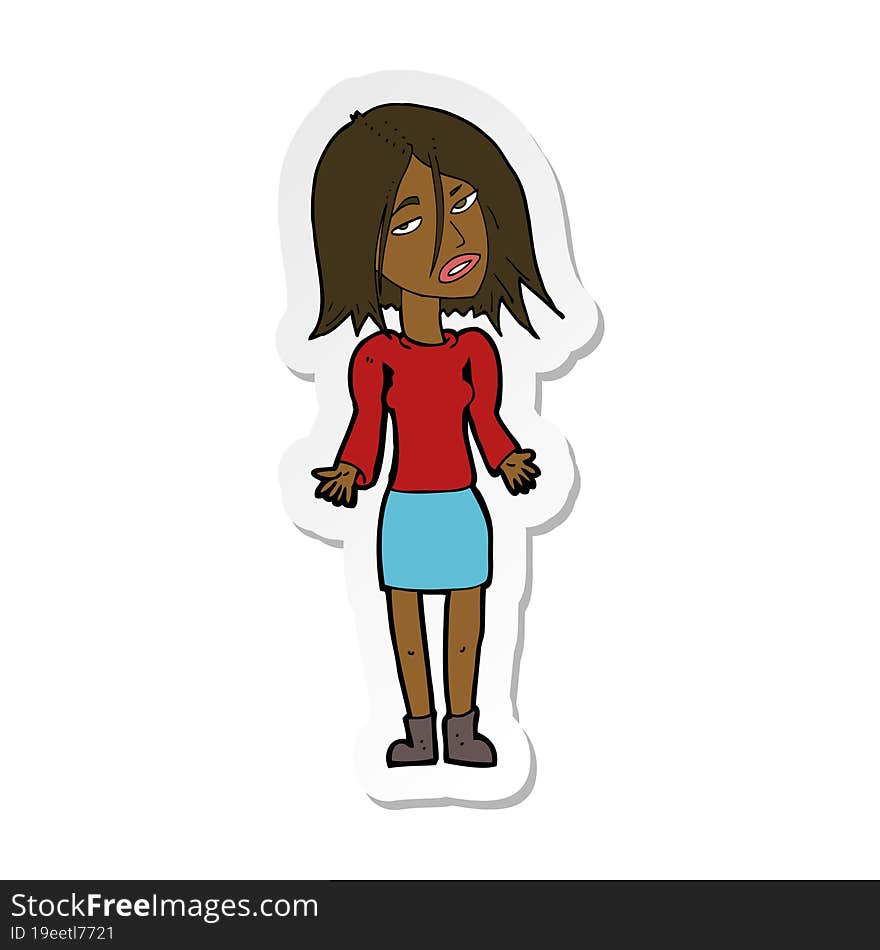 sticker of a cartoon woman shrugging shoulders