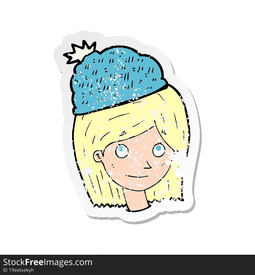 Retro Distressed Sticker Of A Cartoon Woman Wearing Winter Hat