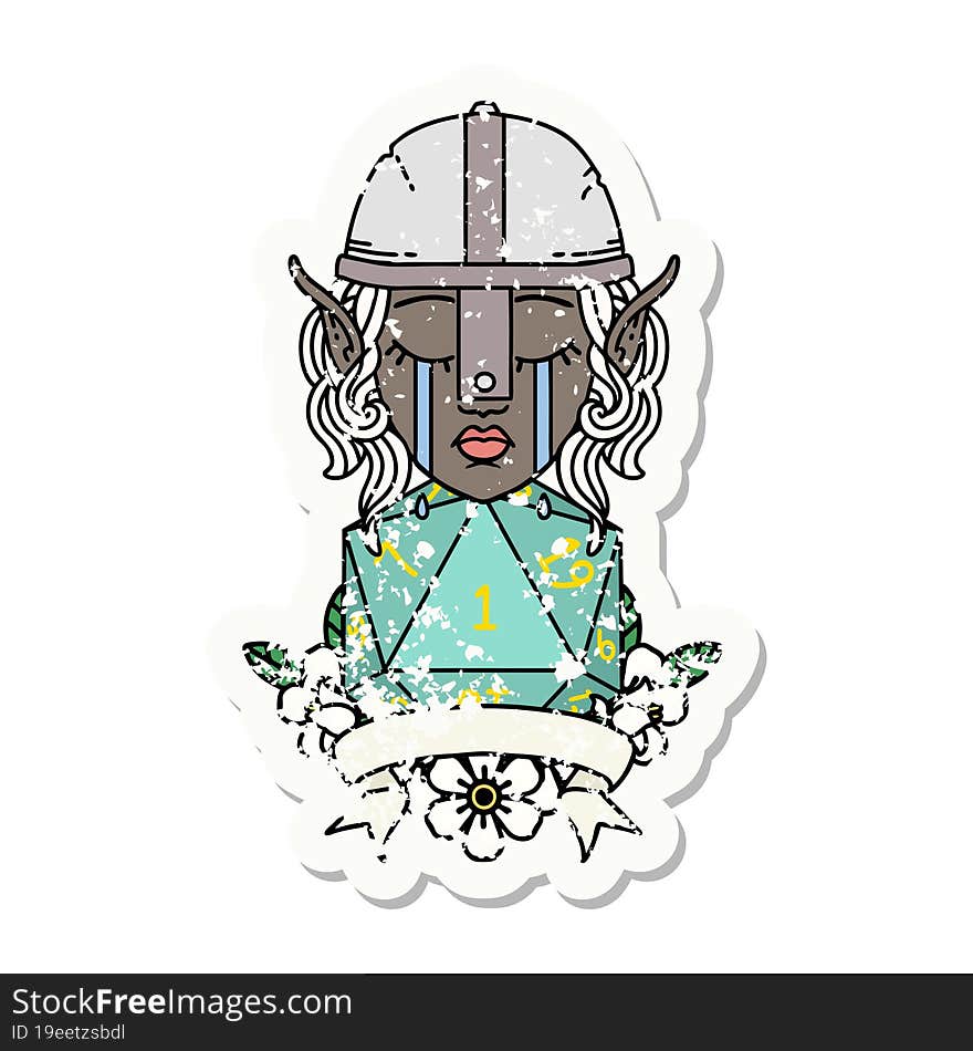 Crying Elf Fighter Character Face With Natural One D20 Roll Illustration