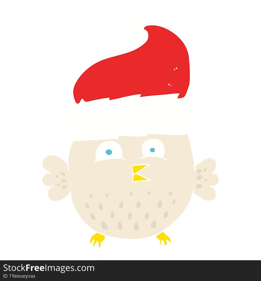 flat color illustration of a cartoon owl wearing christmas hat