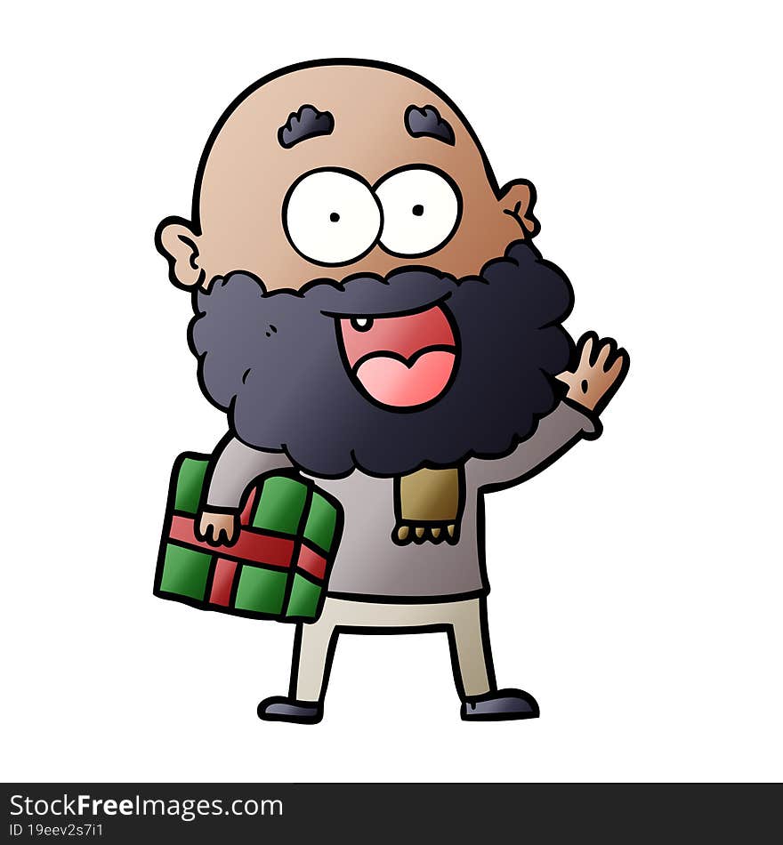 cartoon crazy happy man with beard and gift under arm. cartoon crazy happy man with beard and gift under arm