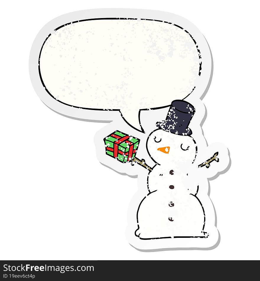 cartoon snowman and speech bubble distressed sticker