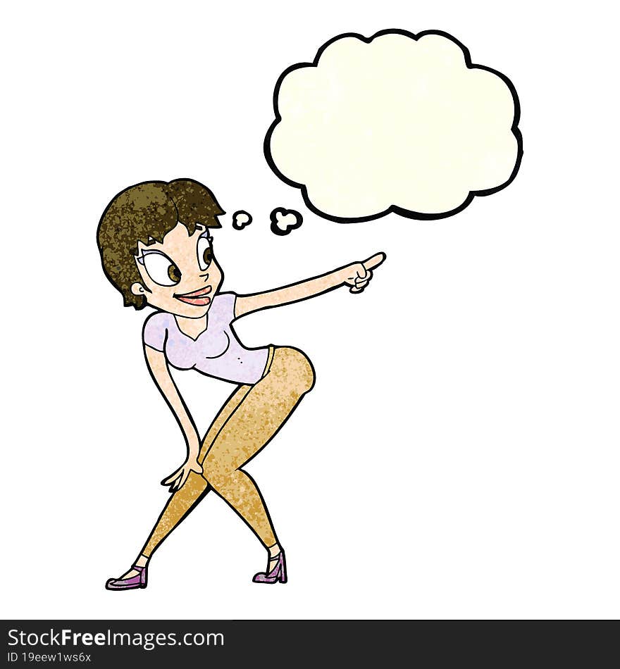 cartoon pretty woman pointing with thought bubble