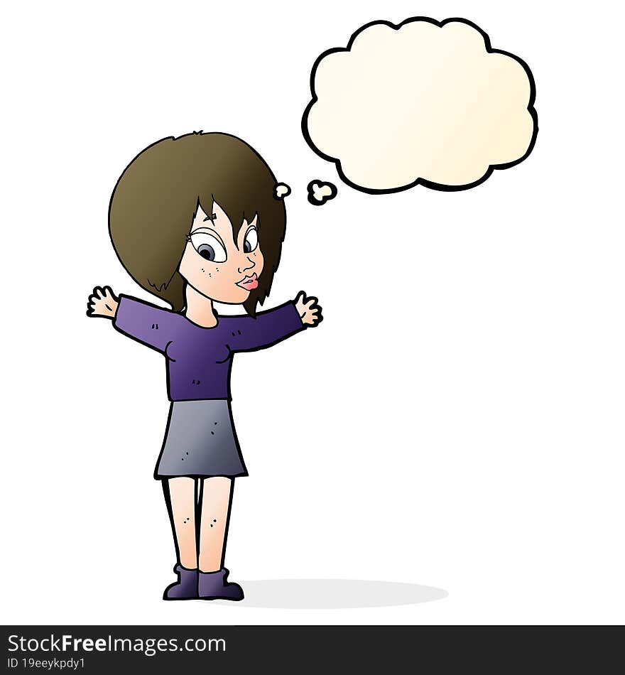 cartoon woman with open arms with thought bubble