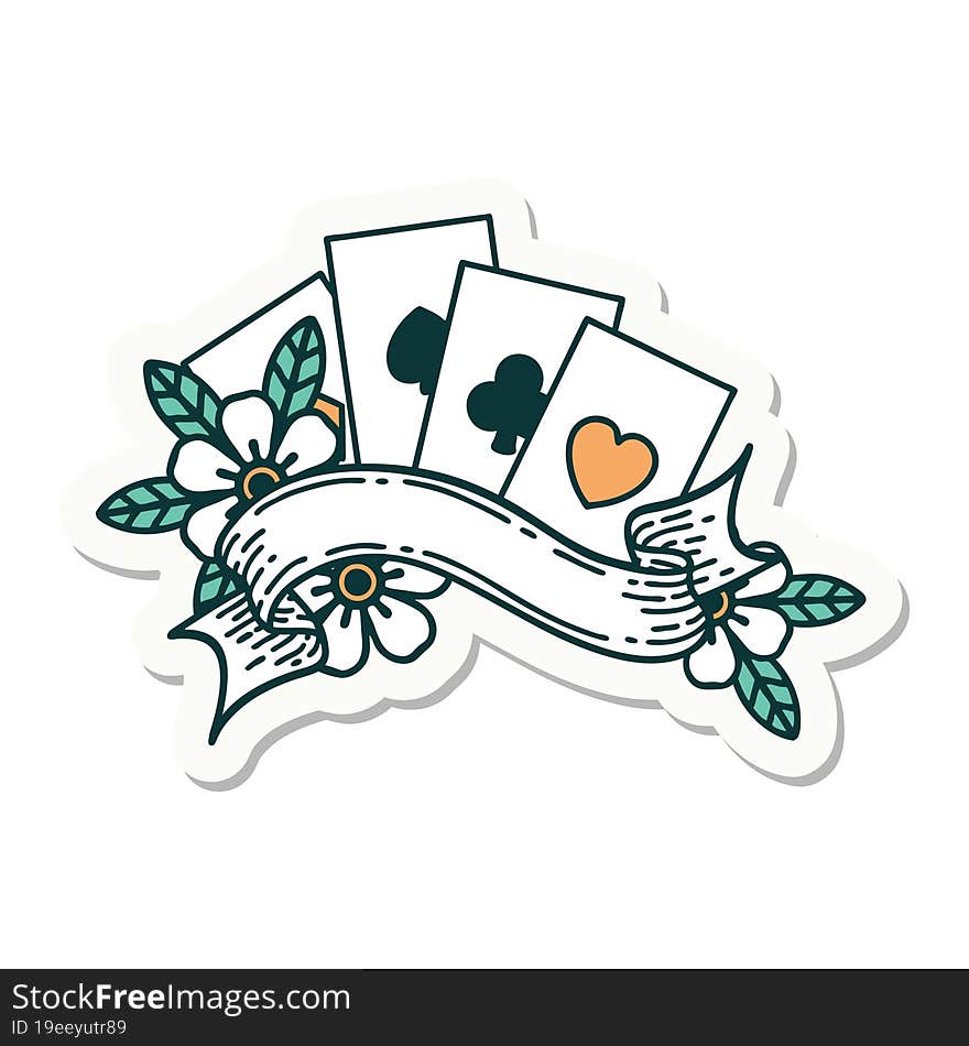 Tattoo Style Sticker Of Cards And Banner