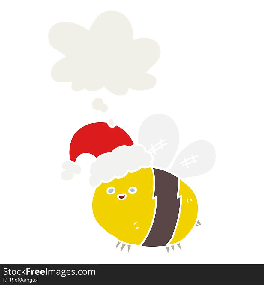 cute cartoon bee wearing christmas hat with thought bubble in retro style