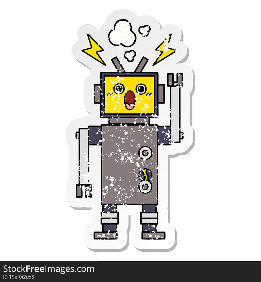 distressed sticker of a cute cartoon broken robot