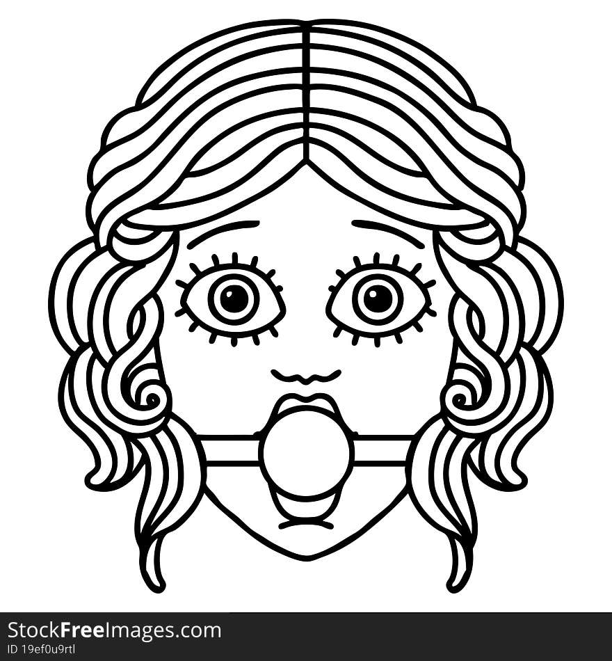 black line tattoo of female face with ball gag