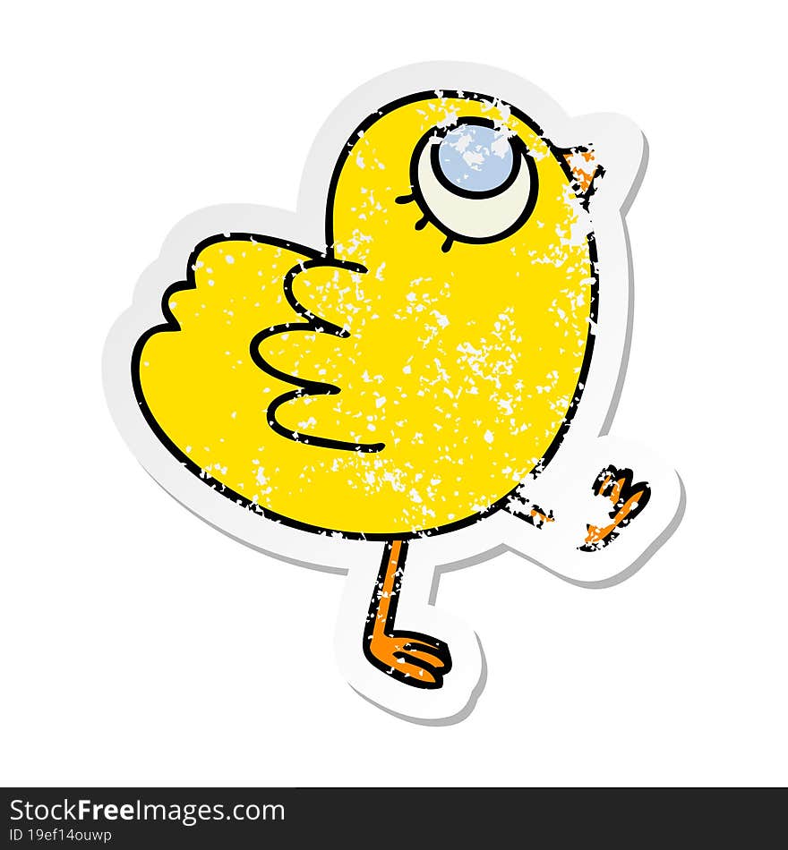 distressed sticker of a quirky hand drawn cartoon yellow bird