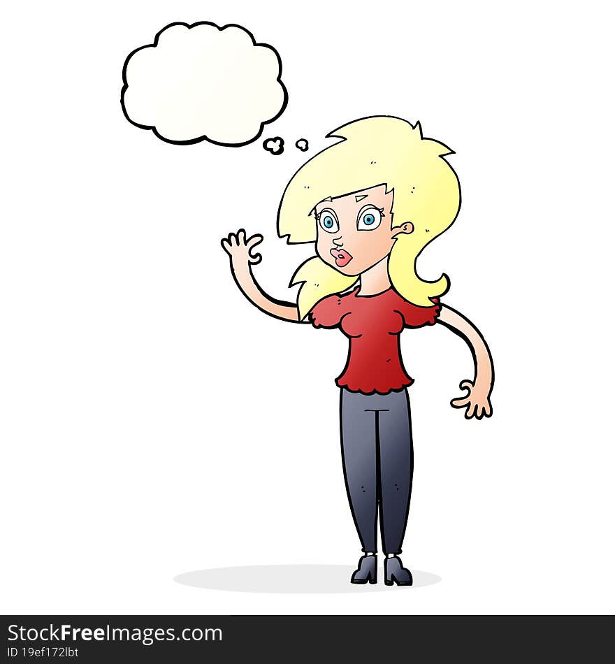 cartoon pretty woman waving with thought bubble