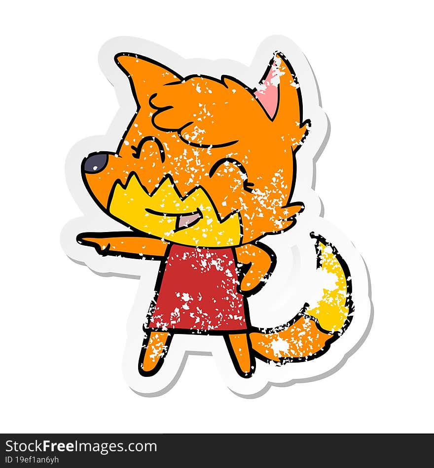 distressed sticker of a happy cartoon fox