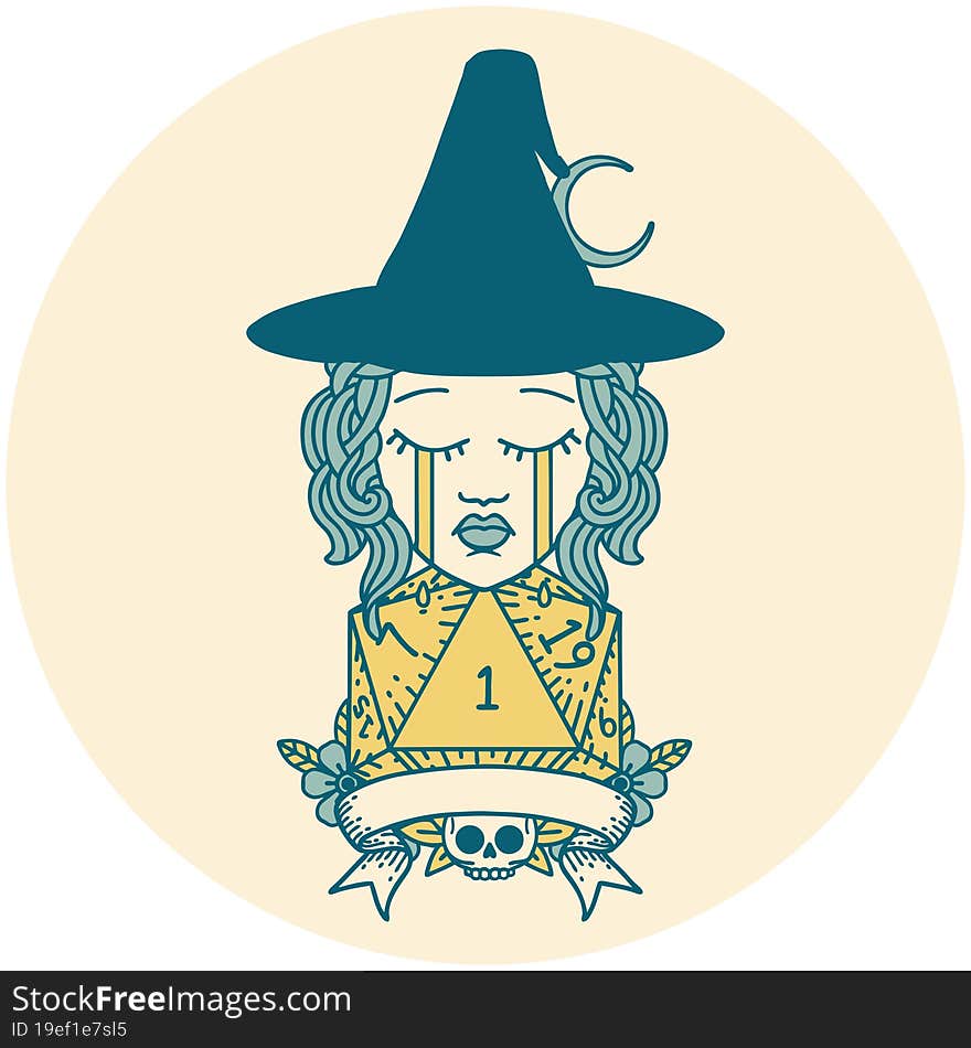 Retro Tattoo Style crying human witch with natural one roll. Retro Tattoo Style crying human witch with natural one roll