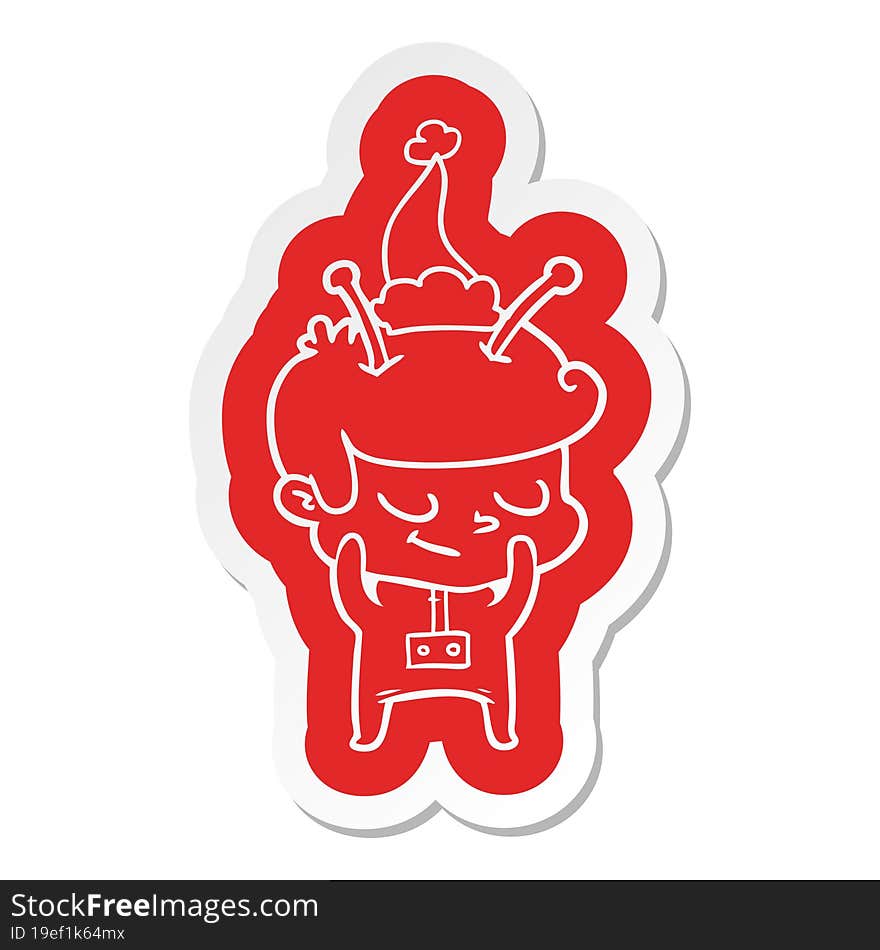 shy cartoon  sticker of a spaceman wearing santa hat