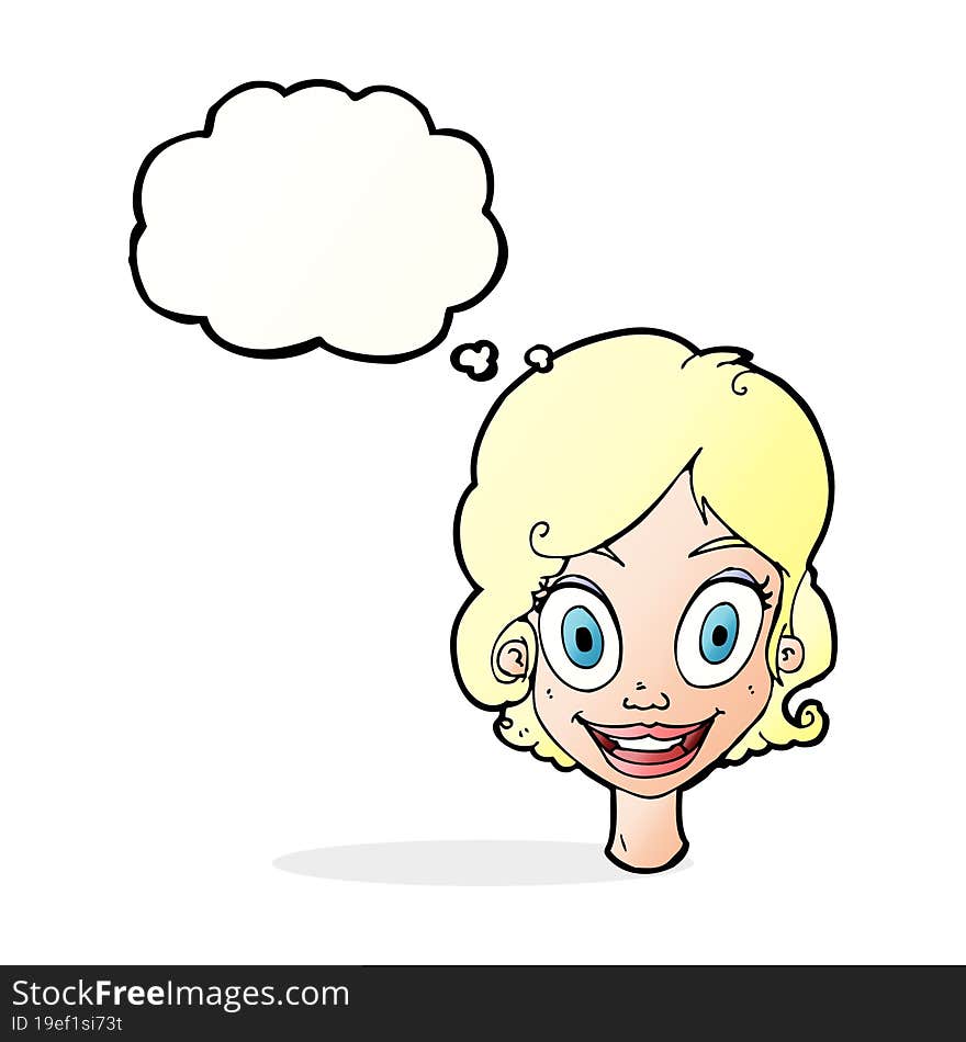 Cartoon happy woman with thought bubble